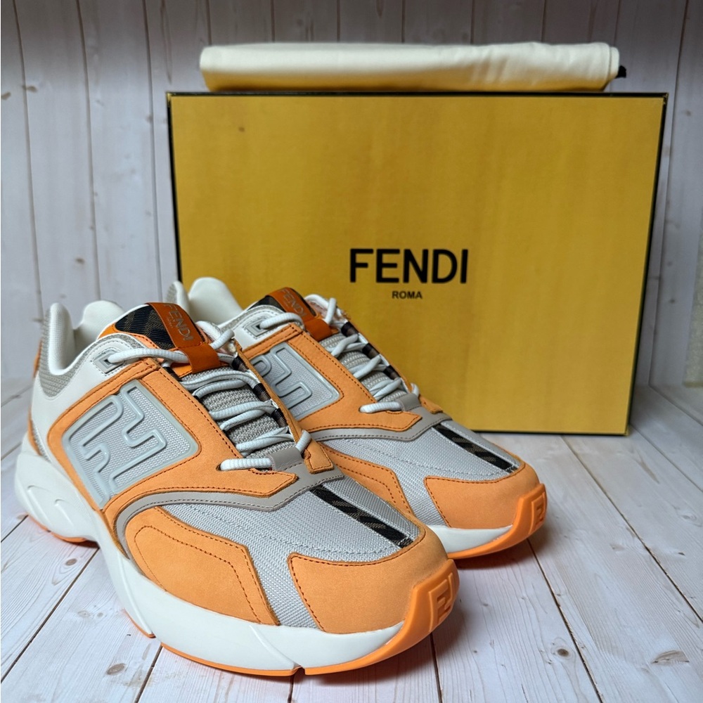 Fendi Nubuck Mesh Vitello FF Faster Sneakers Clementine Beige Sz 9UK / 10US